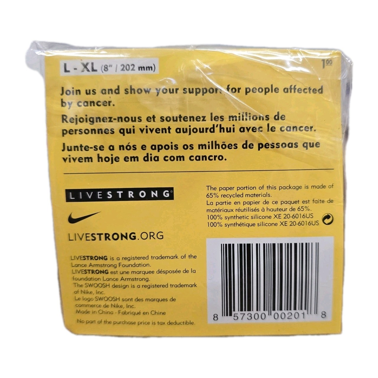 Nike LiveSTRONG Authentic Baller Band Wristband Bracelet NEW Size L-XL 8″/202mm