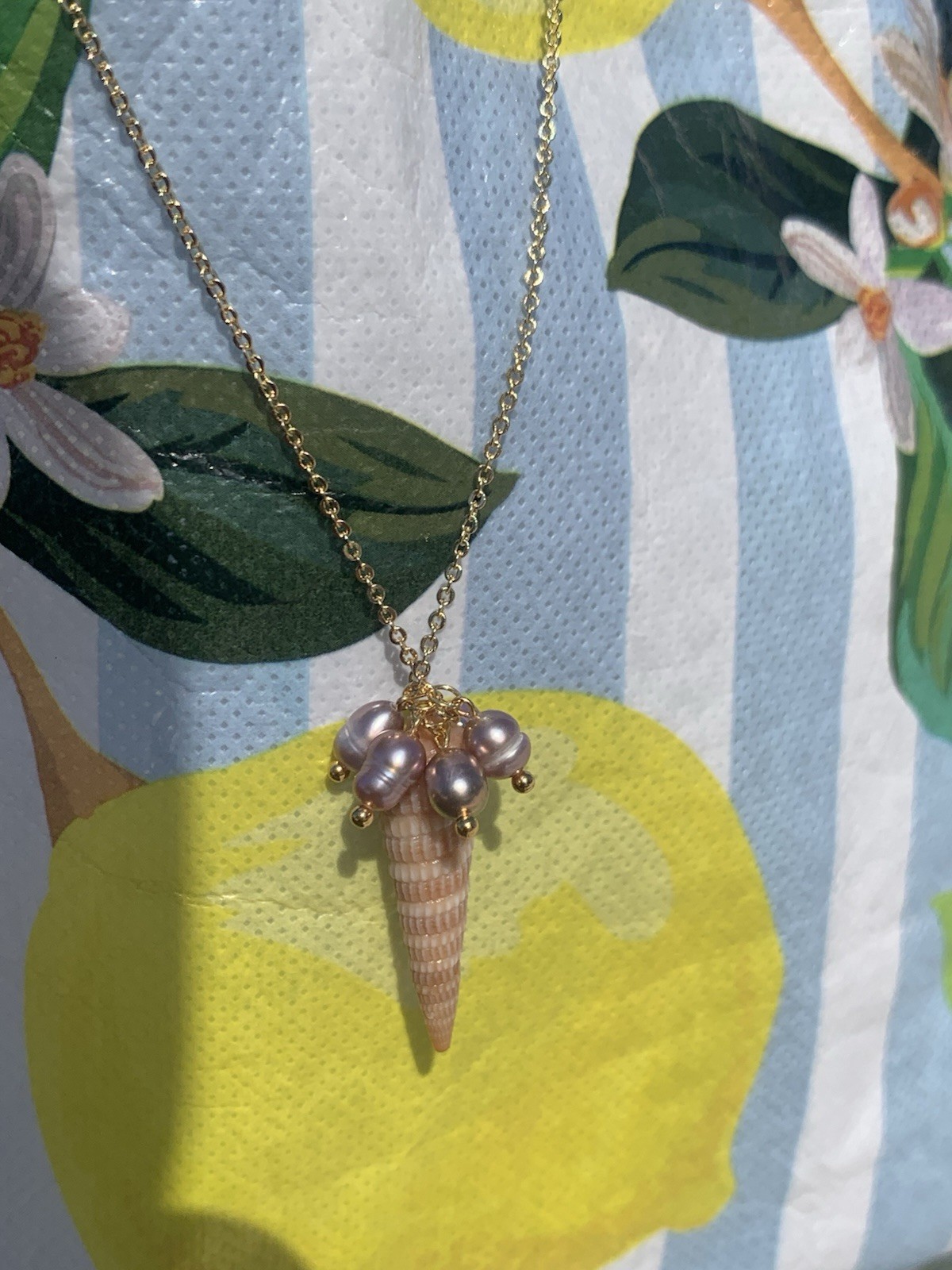 14k Gold Tone Cable Chain Necklace w/ Cone Shell Charm Pendant, Purple Pearl
