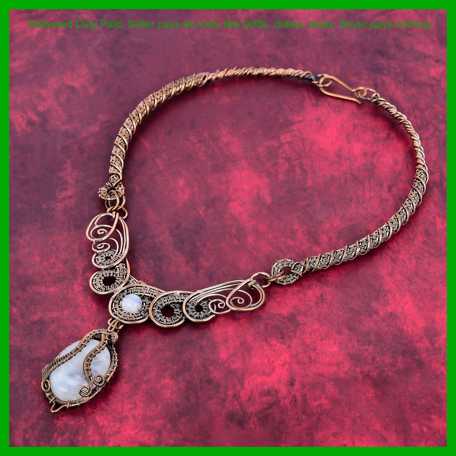 Copper Crown Chakra Rainbow Moonstone Stone Wire Wrapped Chain Necklace Jewelry