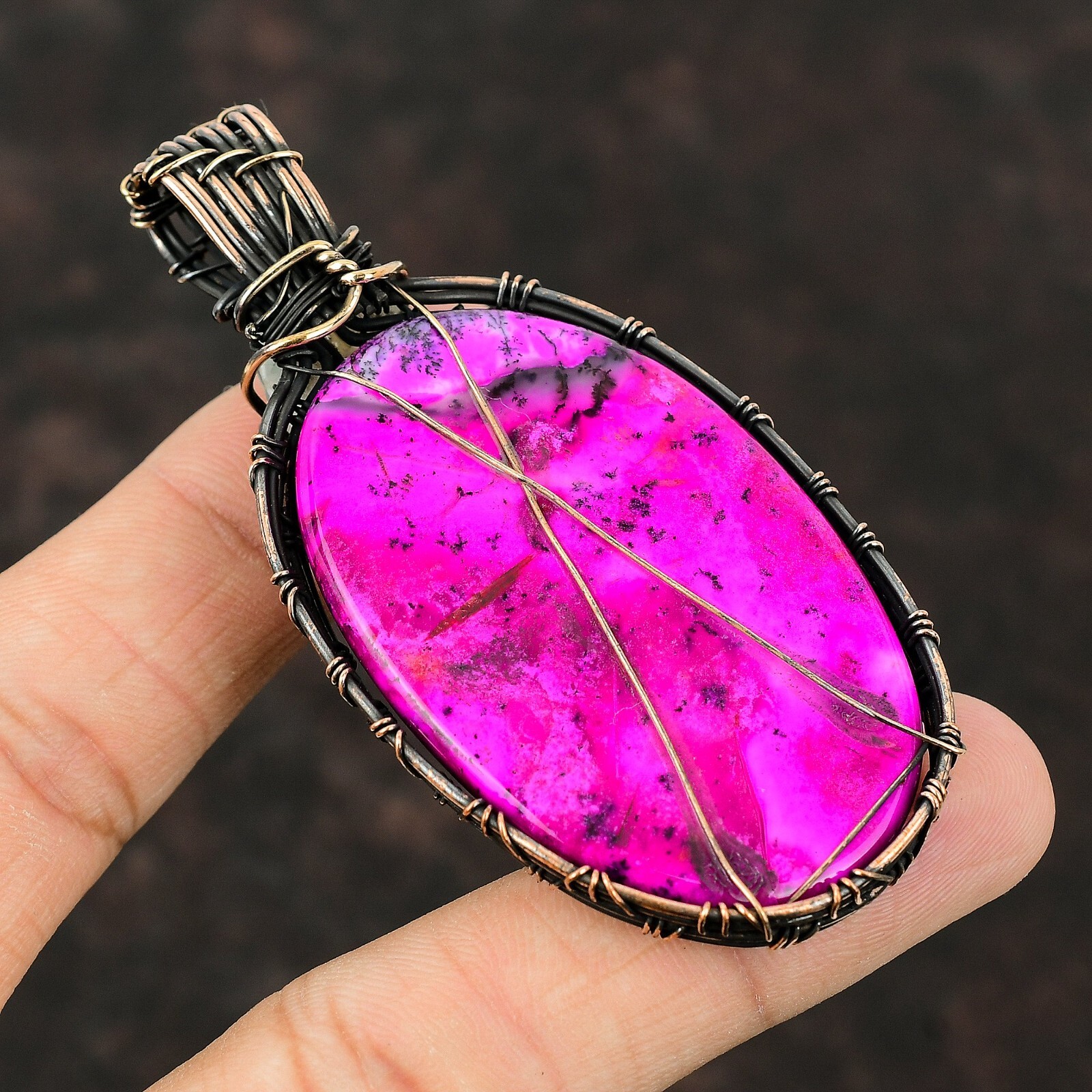 Pink Dendrite Opal Wire Wrapped Pendant Handcrafted Copper Ethnic Jewelry 3.15″