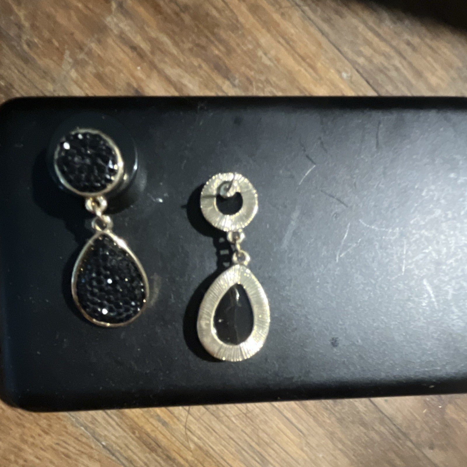 Gold Tone Black Rhinestone Teardrop Dangle/Drop Earrings Butterfly Closure