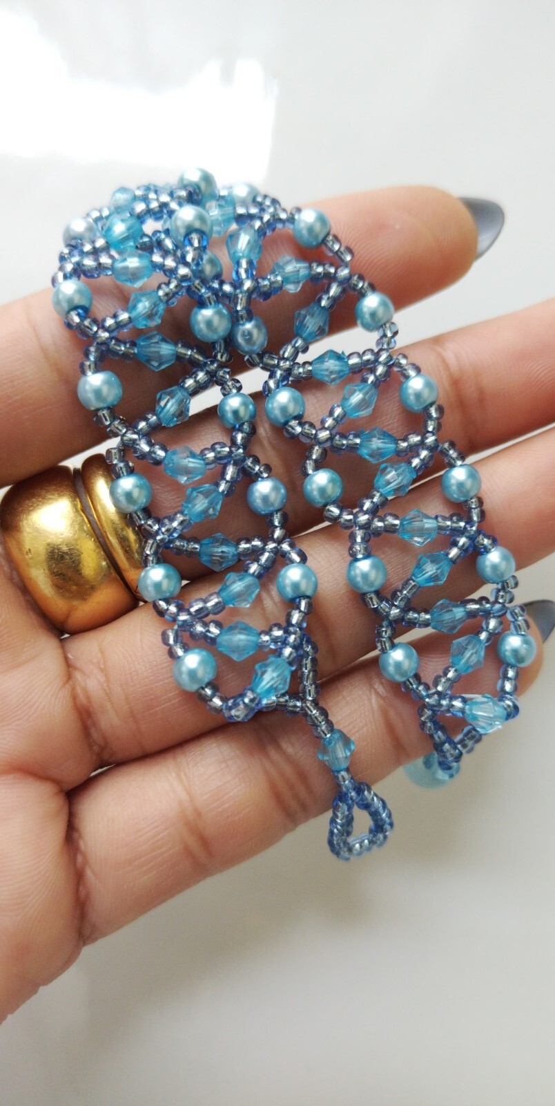 18.5 Cm, Metallic Blue Beaded Netted Statement Bracelet
