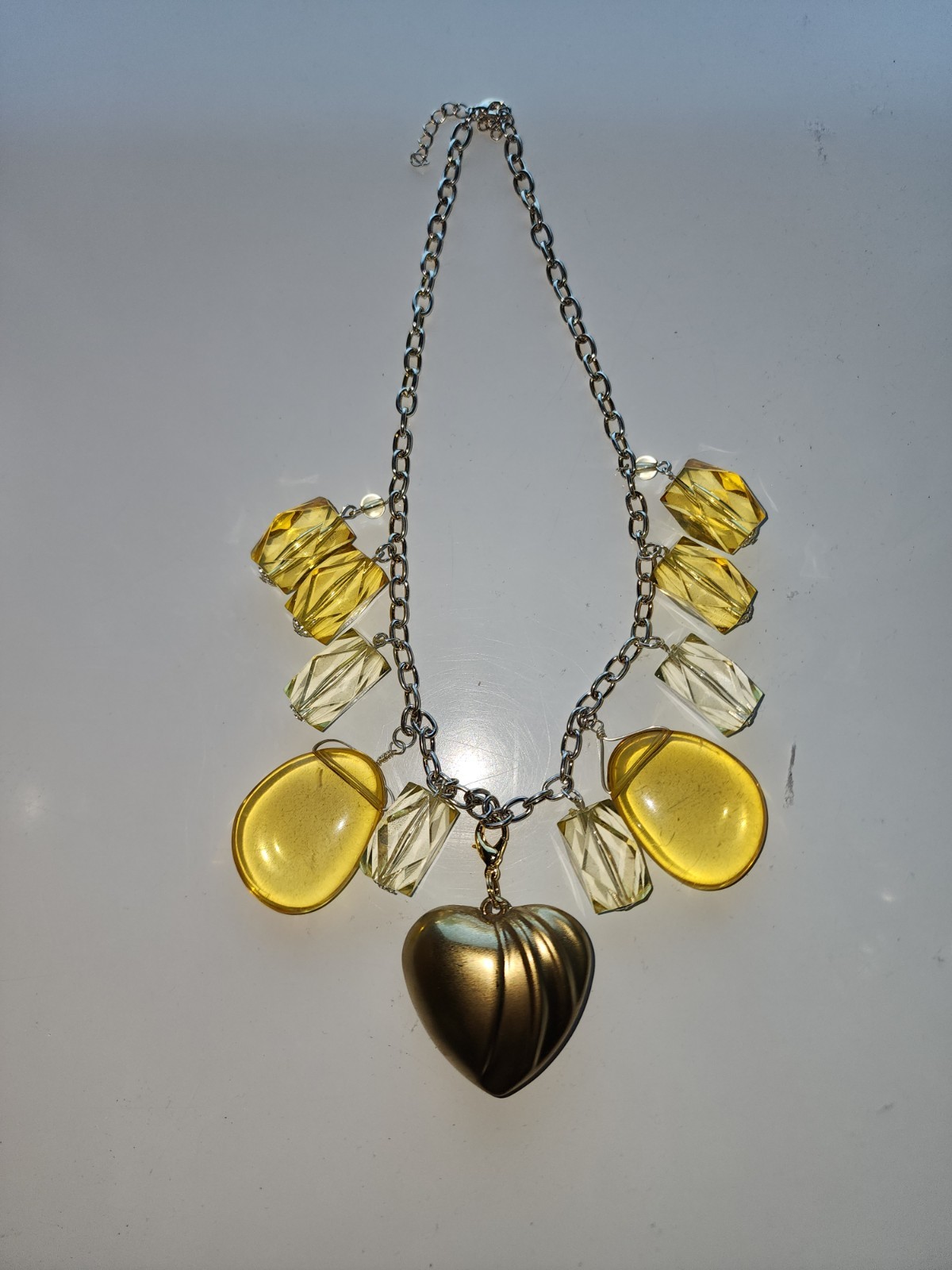 Gold Heart Pendant Statement Necklace Designed With Yellow Vintage French Lucite