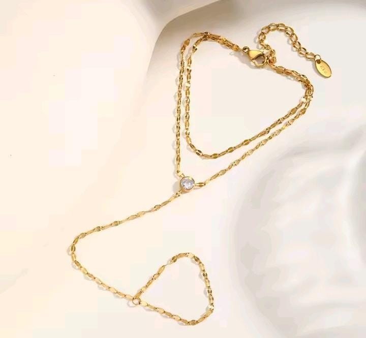 Gold Tone Hand Chain Bracelet Ring Adjustable Stainless Steel Finger Bracelet
