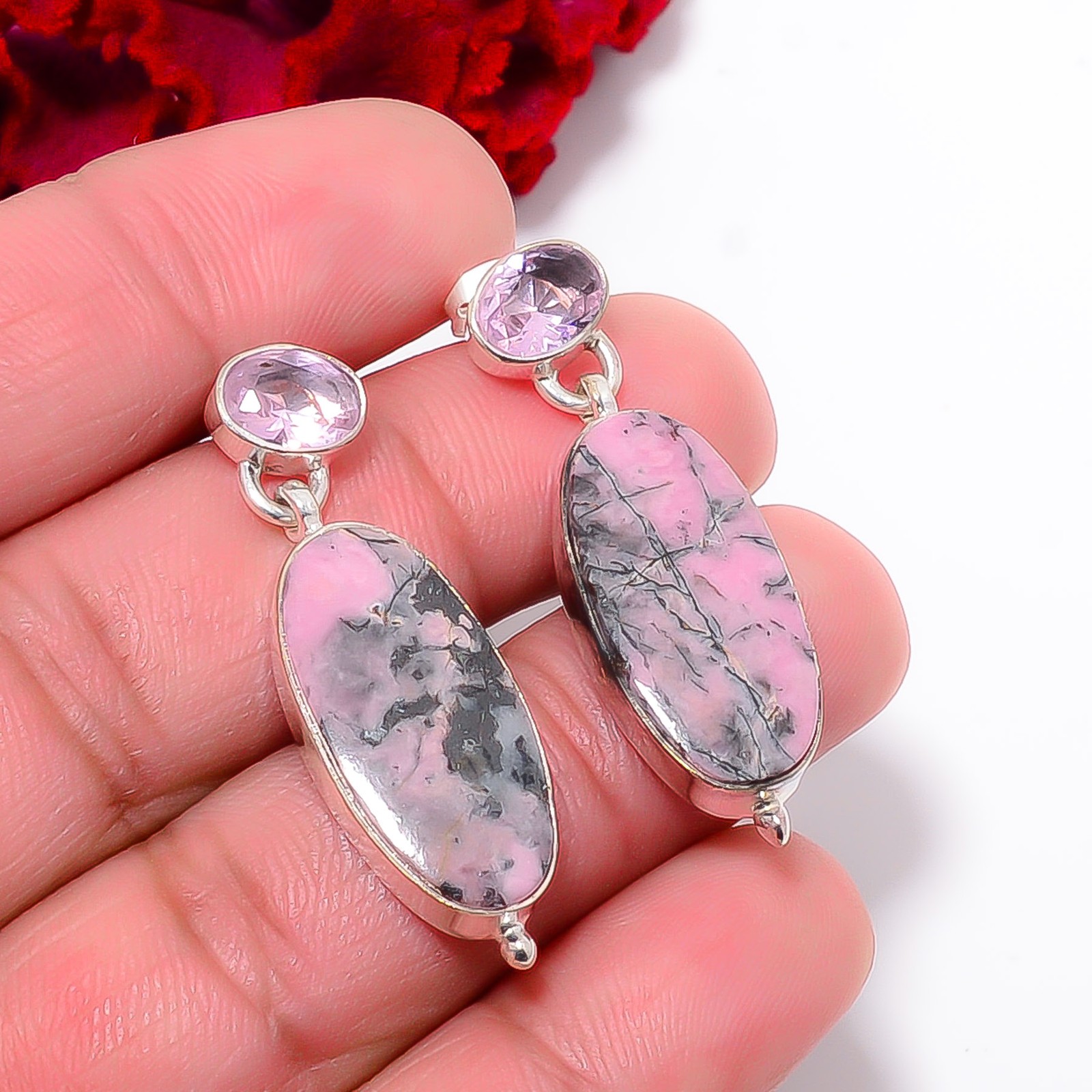 Black Manganese In Rhodonite & Pink Kunzite 925 Silver Earring 1.37″ E1029010428