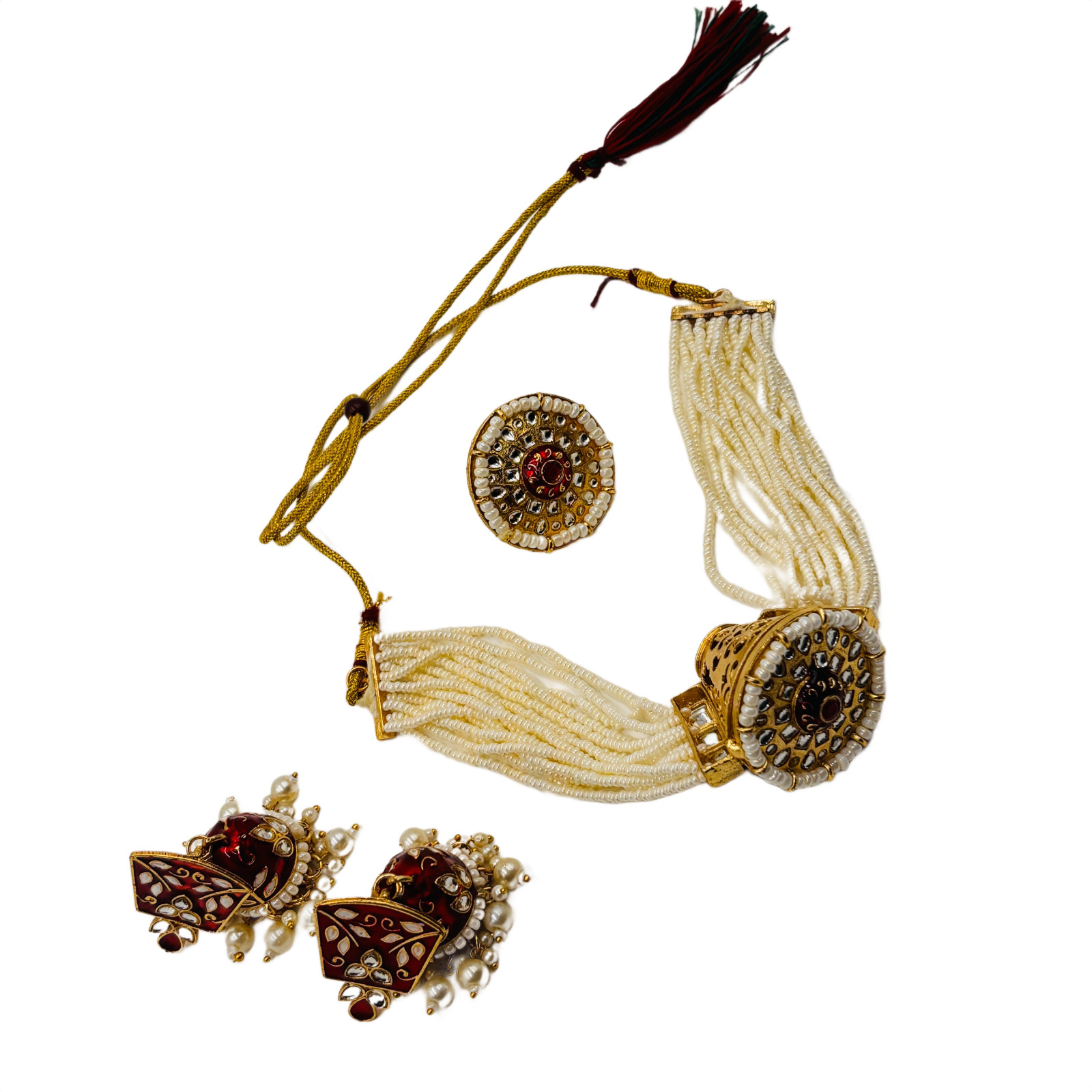 Kundan Pearl Necklace Set with Jhumka Earrings and Ring Indian Traditional Jewel