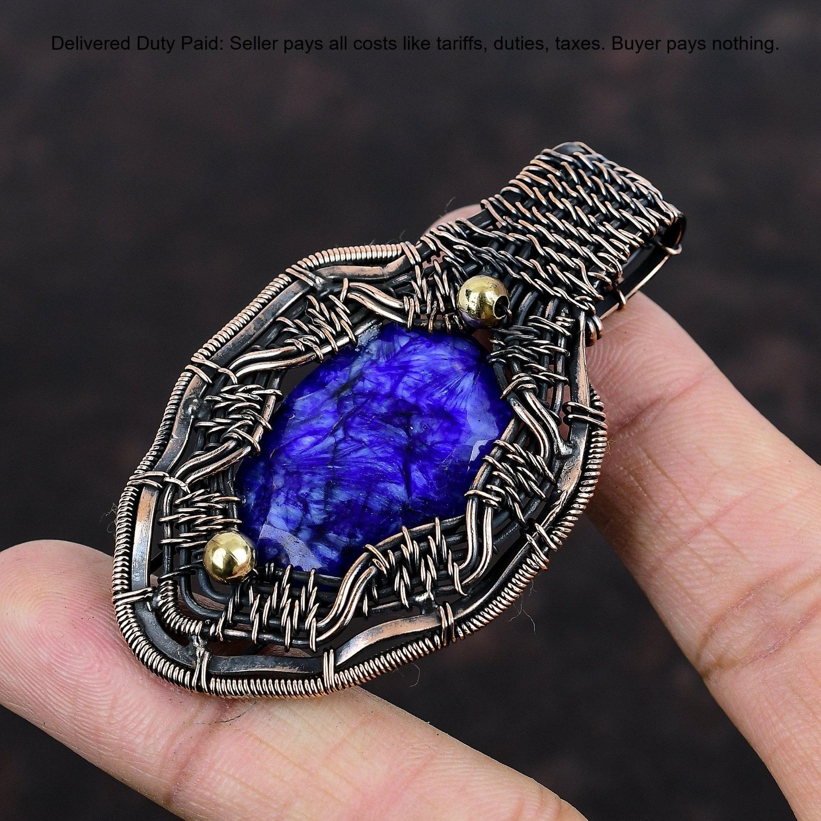 Oval Blue Saphire Gemstone Wedding Wire Wrapped Wife Boho Pendant Jewelry Copper