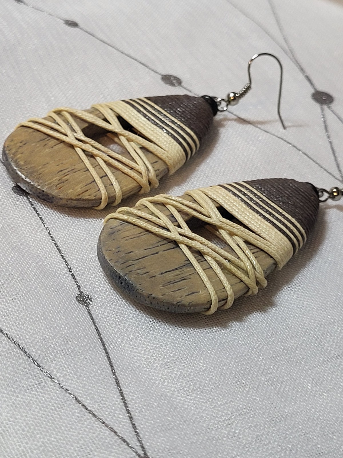 Tribal Tear Drop Dangle 3 inch Earrings Wood Wrap Brown Tan Women’s Jewelry Boho