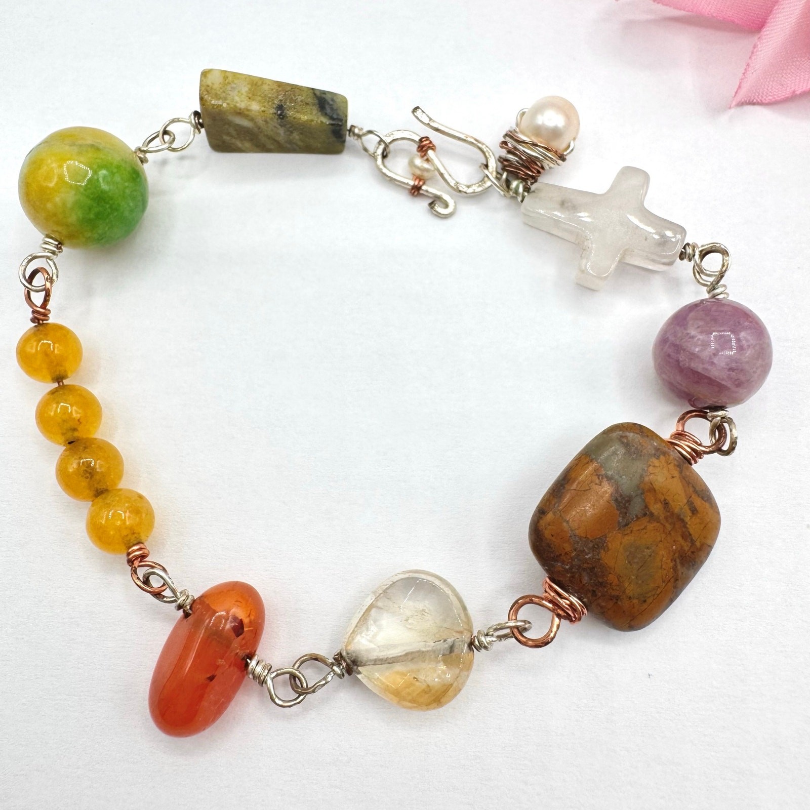 Handmade Gemstone Bead Wirework Bracelet Colorful Mixed Metal 6 3/4” Rockhound