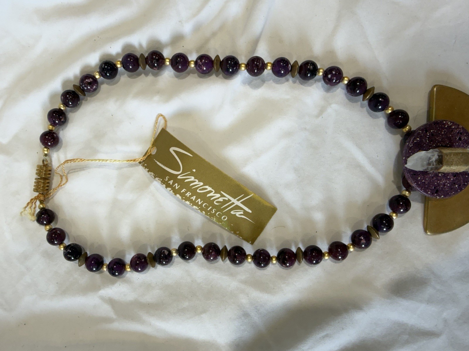 Simonetta San Francisco Purple Beaded Necklace Gold Asymmetrical Amulet Pendant