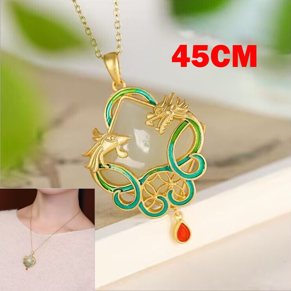 Jade Dragon Phoenix Shape Pendant Jewelry 18K Gold Plated Necklace 45CM Gift NEW