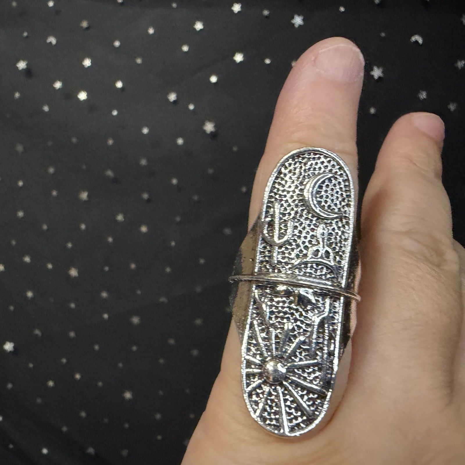 Celestial Statement Ring Size 5, Silver Tone Sun Moon Symbol Long Oval Ring