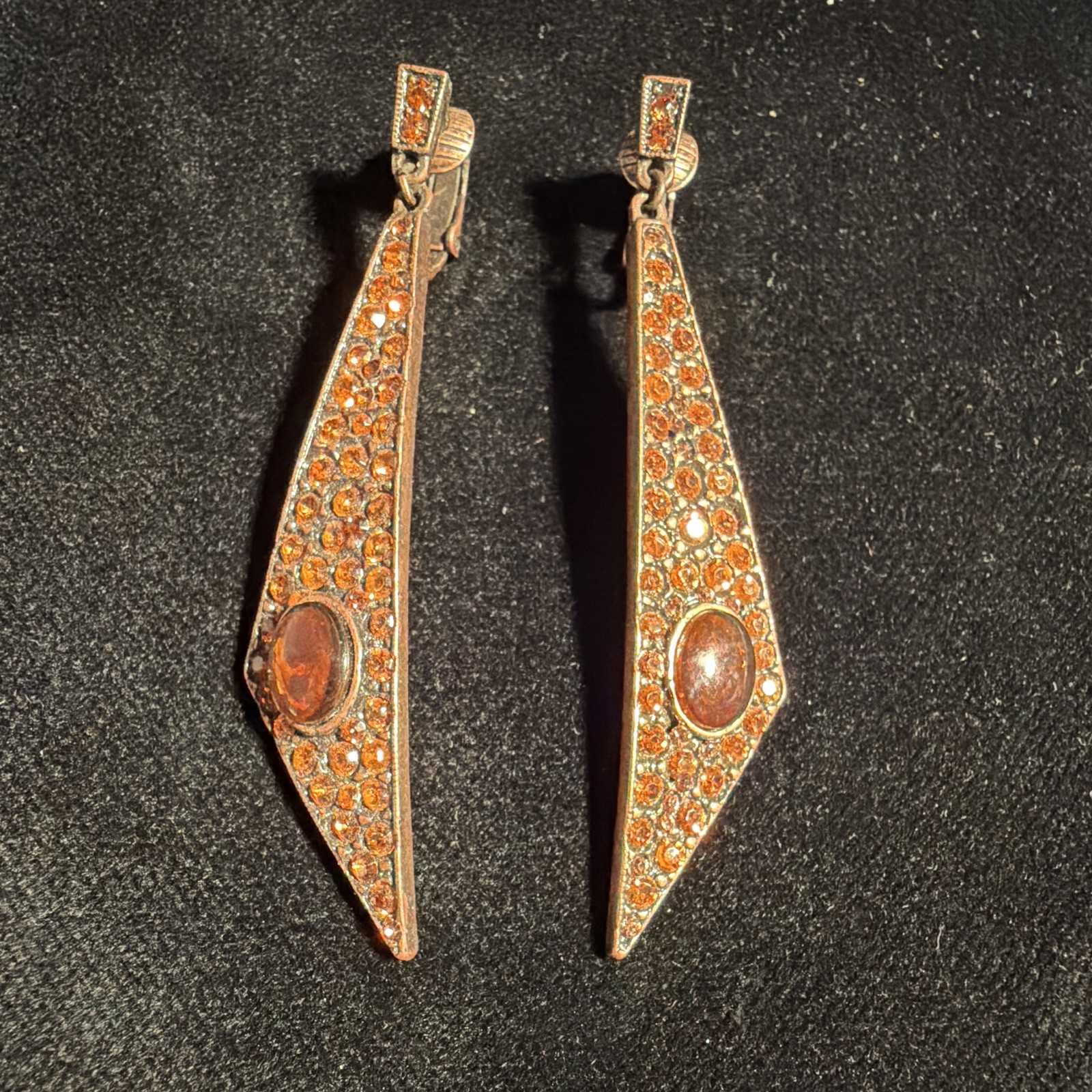 Gold Tone Orange Round Pavé Rhinestone Dangle Clip-On Earrings 2 in