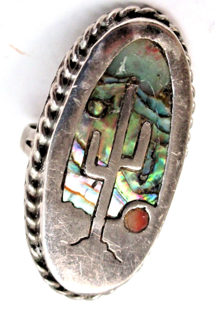 1970 Vintage Sterling Silver Hopi Zuni Inlaid Abalone Sunset Cactus Ring
