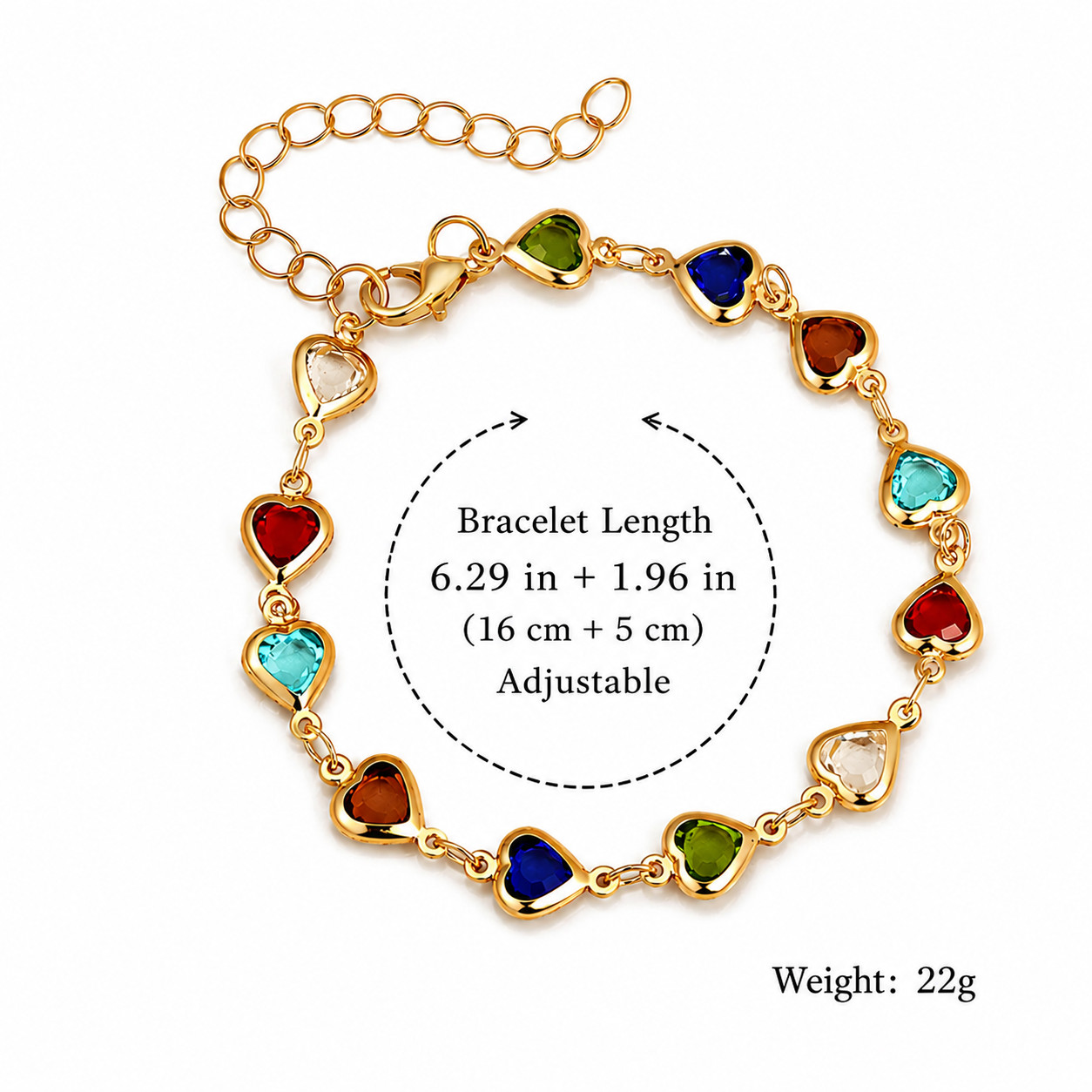 Heart Charm Bracelet Multicolor Crystal Gold Silver Adjustable Chain Women Gift