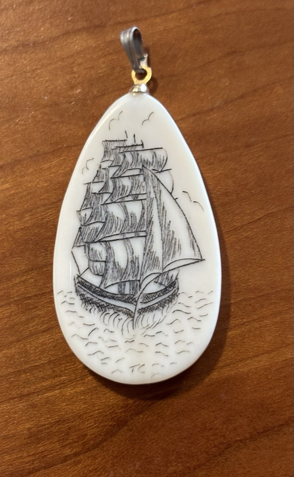 Scrimshaw Sailing Ship Teardrop Pendant, necklace, jewelry, nautical, beach