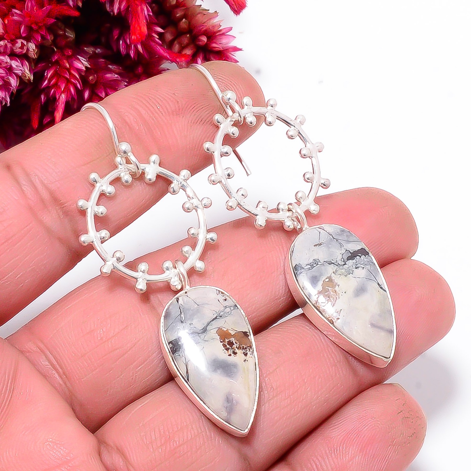 Mayan Porcelian Jasper – Mexico 925 Sterling Silver Handmade Earring 2.34″ Sku18