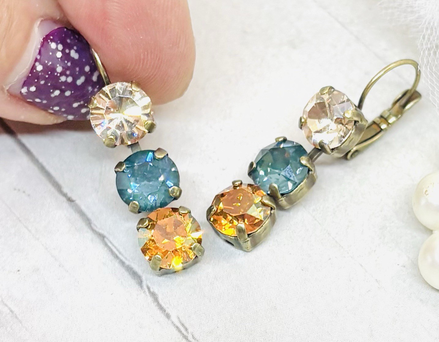 Fall Antique Brass Plated Pine Green Ignite Triple Stone Cup Chain Earrings