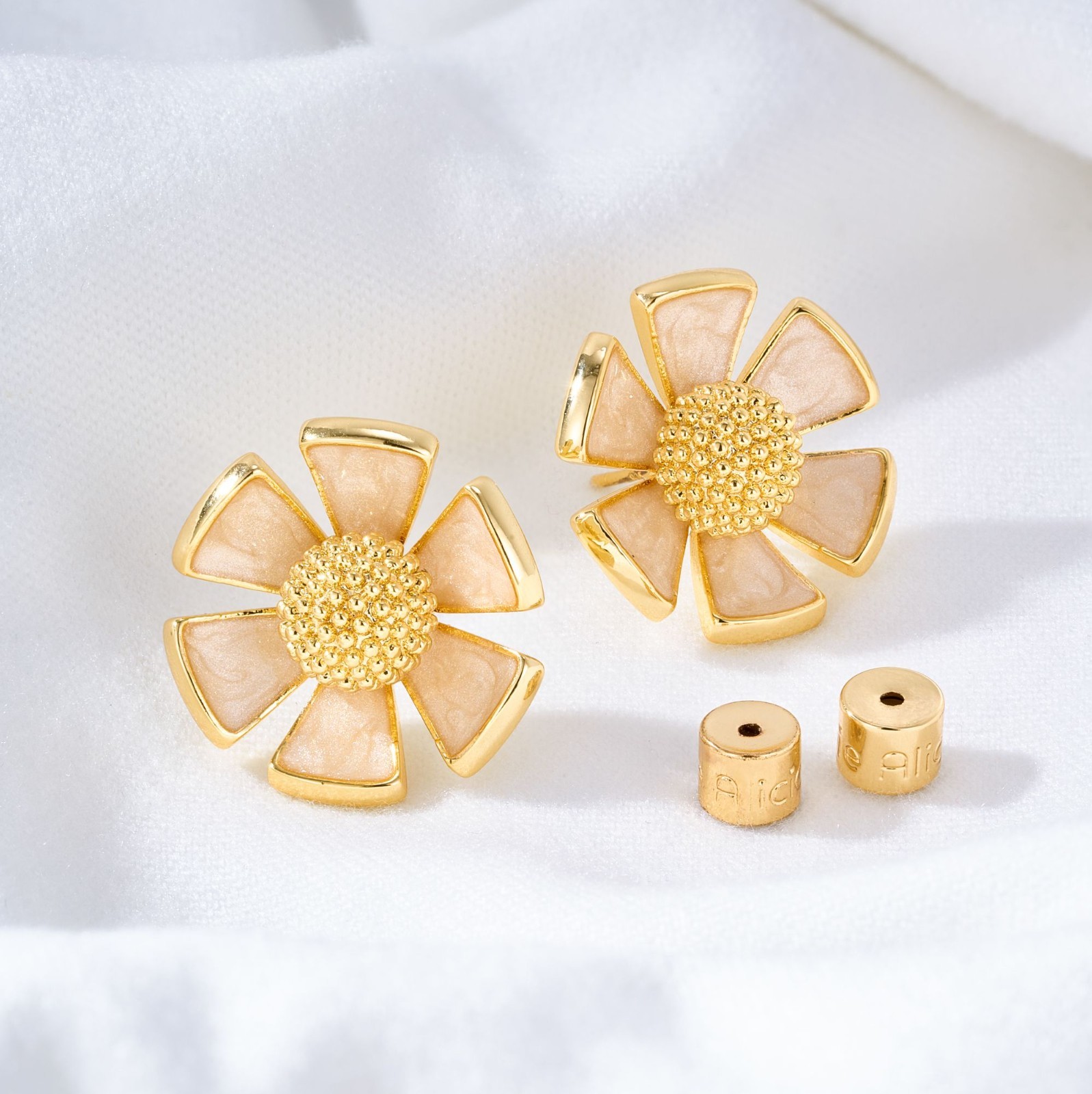 Alicia Bonnie White Enamel Flower Stud Earrings Gold Statement Floral Stud