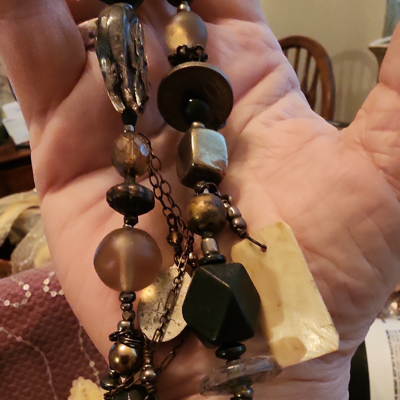 Boho Beaded Statement Charm Necklace Bronze/Black Rectangle Pendant, Dangling