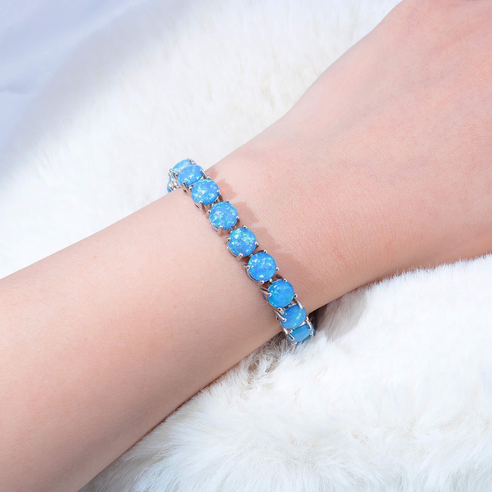Vikoly Blue/White/Orange/Pink Round 925 Sterling Sliver Fire Opal Bracelet 18cm