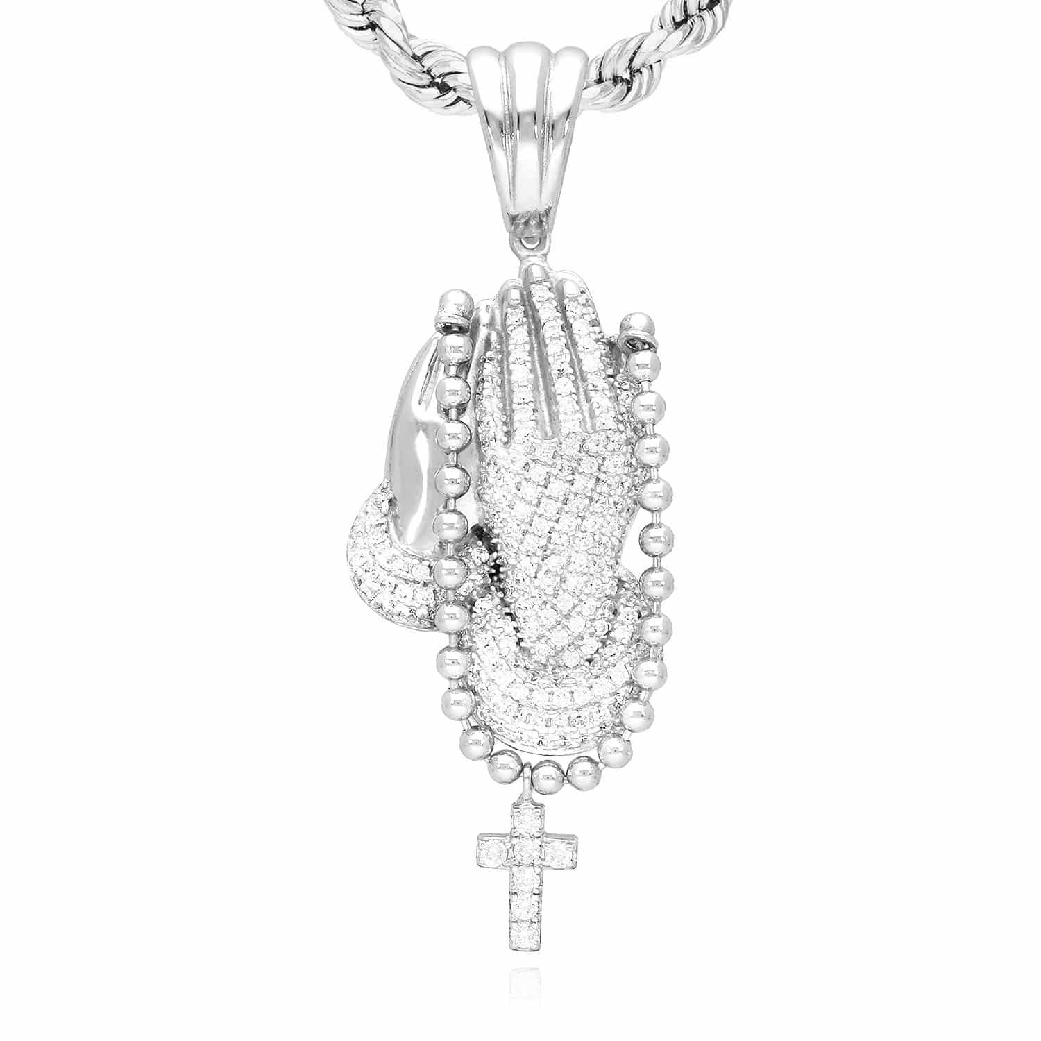 14K Gold Over Sterling Silver CZ Praying Hand Cross Pendant 1.57″