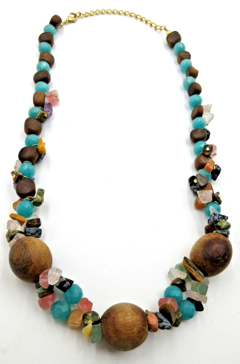 MODERN 21.5″ Colorful pink blue purple gold tone brown wood bead strand Necklace