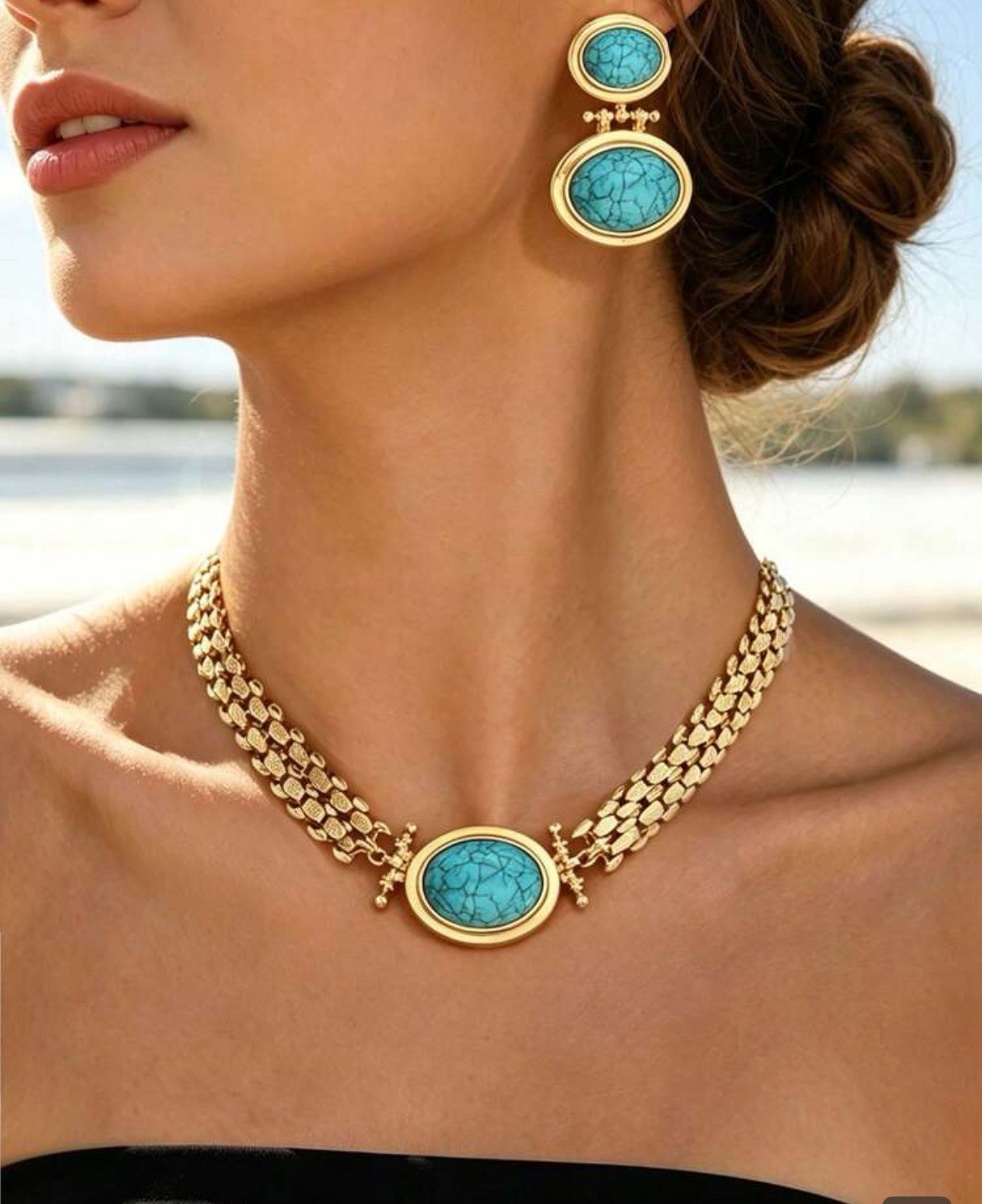 Turquoise Choker Necklace Earring Set Gold Plated