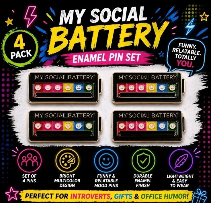 4Pcs My Social Battery Mood Brooch Pin Enamel Lapel Pins for Backpack Collar Hat