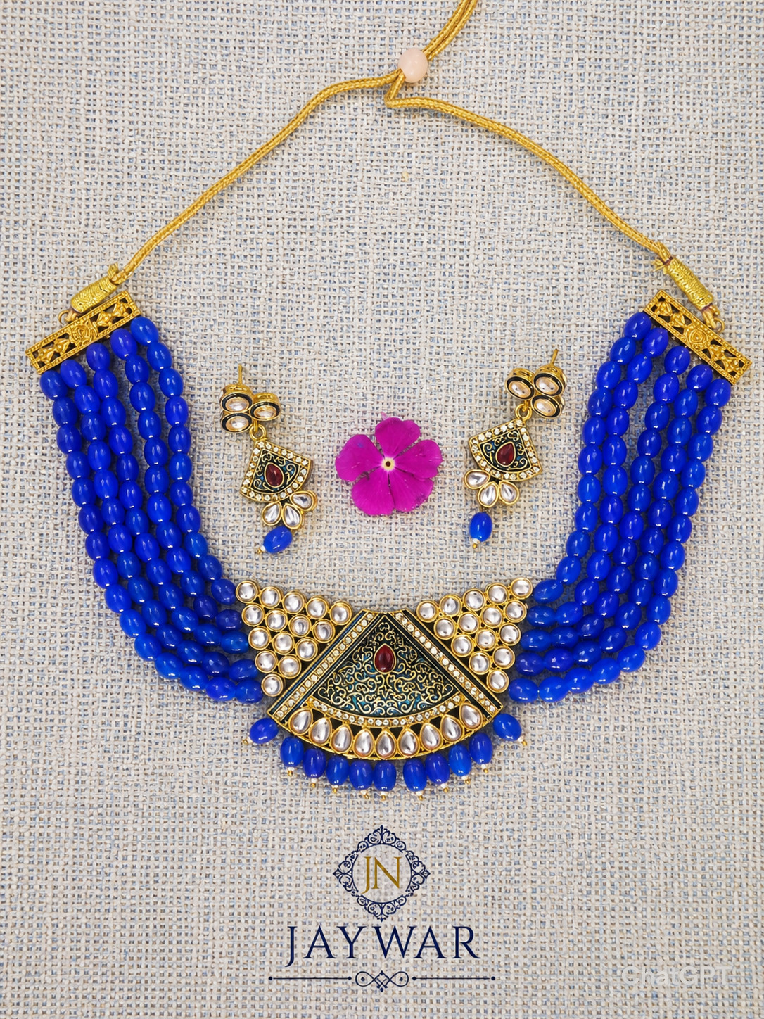 JAYWAR Royal Blue Kundan Meenakari Choker Necklace Set Earrings Bridal Jewery