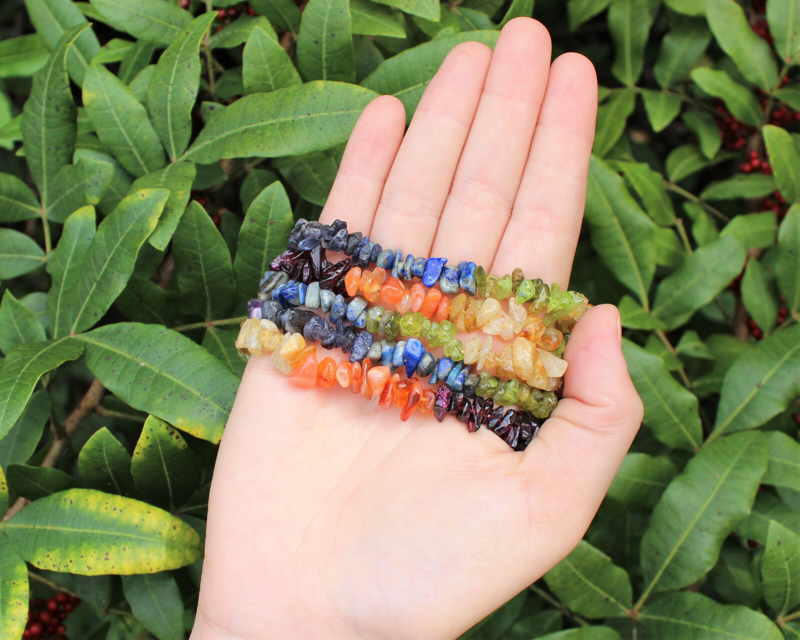 7 Chakra Chip Gemstone Bracelet, Stretch : Raw Crystal Healing US SELLER