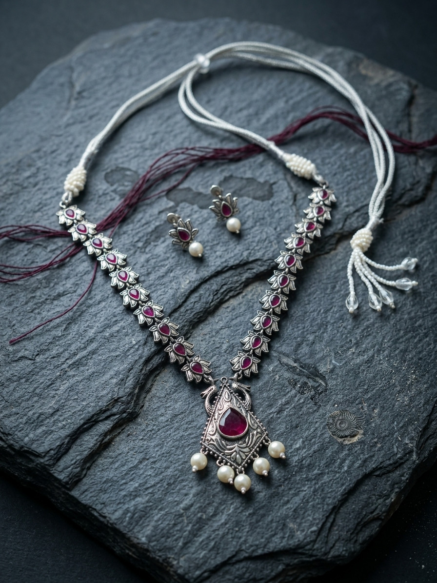 Oxidized Silver Necklace and Earring Set