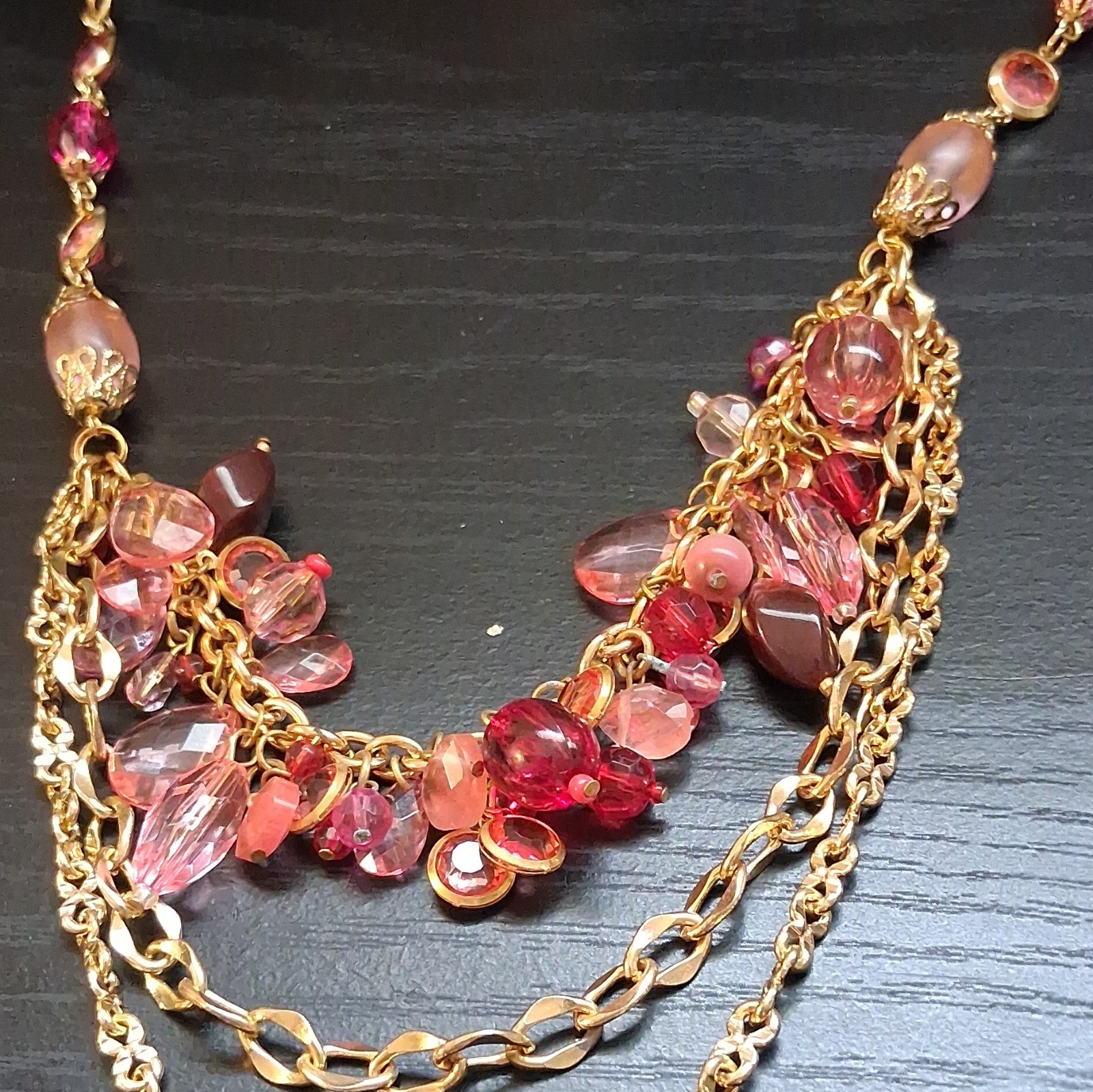 Gold Tone Multi Strand Cable Chain Necklace Pink Red Crystal Bead Charm Dangles
