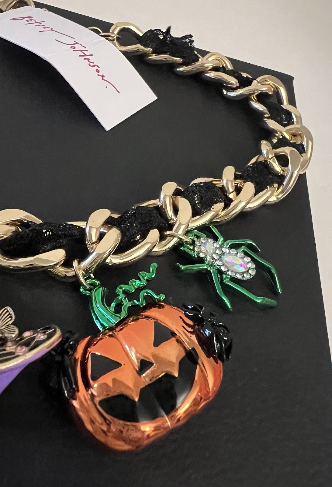 Betsey Johnson Necklace Halloween Pumpkin, Mirror, Cat, Witch Broom ,snake Charm