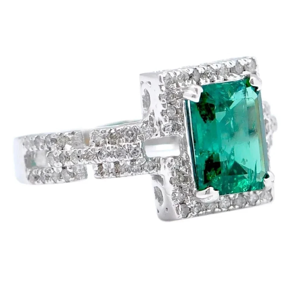 2.10 Carat Natural Zambian Emerald Diamond Ring In 14K White Gold Solid