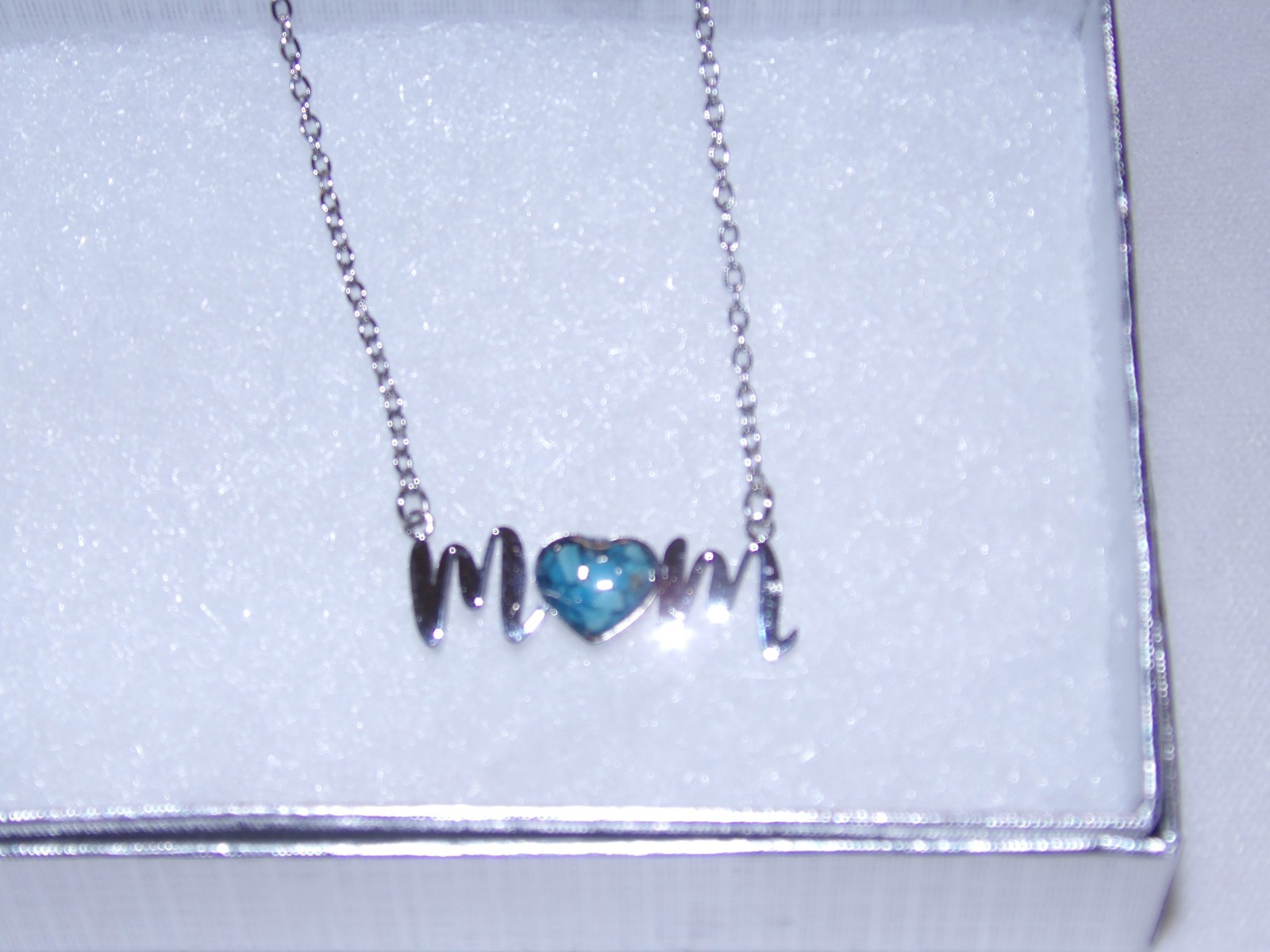 MOM NECKLACE PENDANT MOTHERS DAY GIFT BLUE GEMSTONE HEART 16″ to 20″ NEW