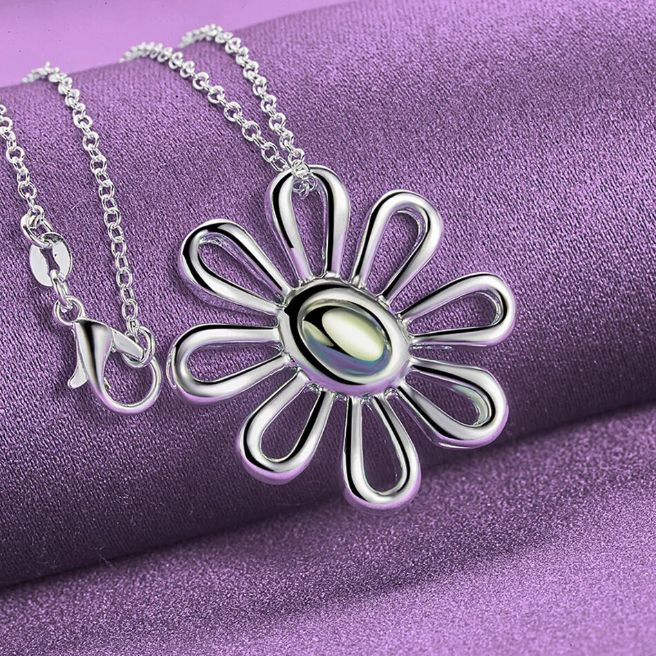 CHSHINE 925 Sterling Silver Flower Pendant Necklace Bracelet Bangle Jewelry Set