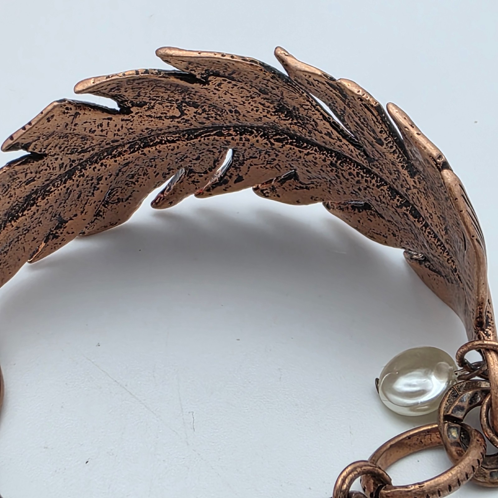 Copper Tone Feather Bracelet Adjustable 6 To 7.5 In Faux Pearl Dangle Charm Boho