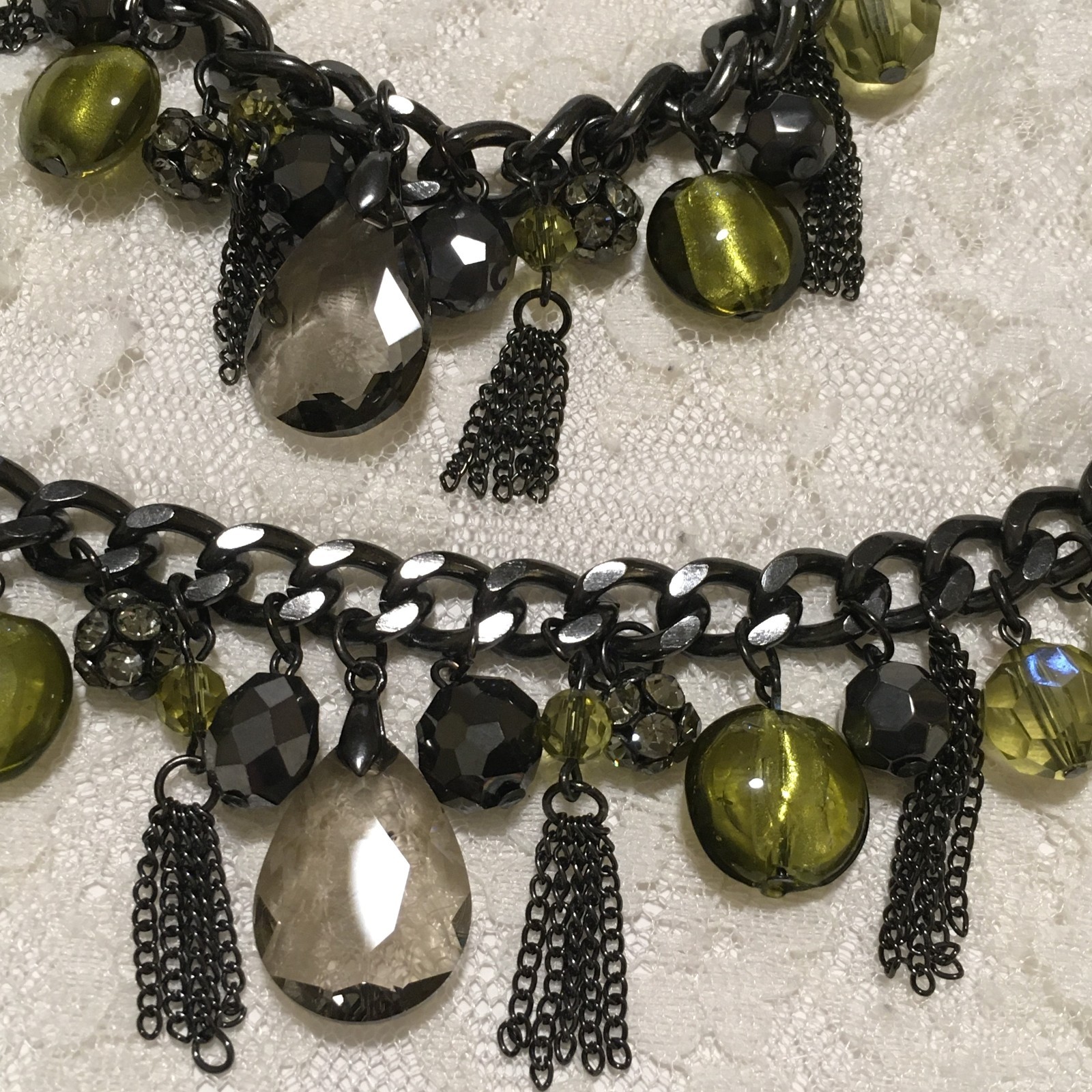 Cookie Lee Silver Tone Necklace Bracelet Set Gray Green Beaded Fringe Womens 18″