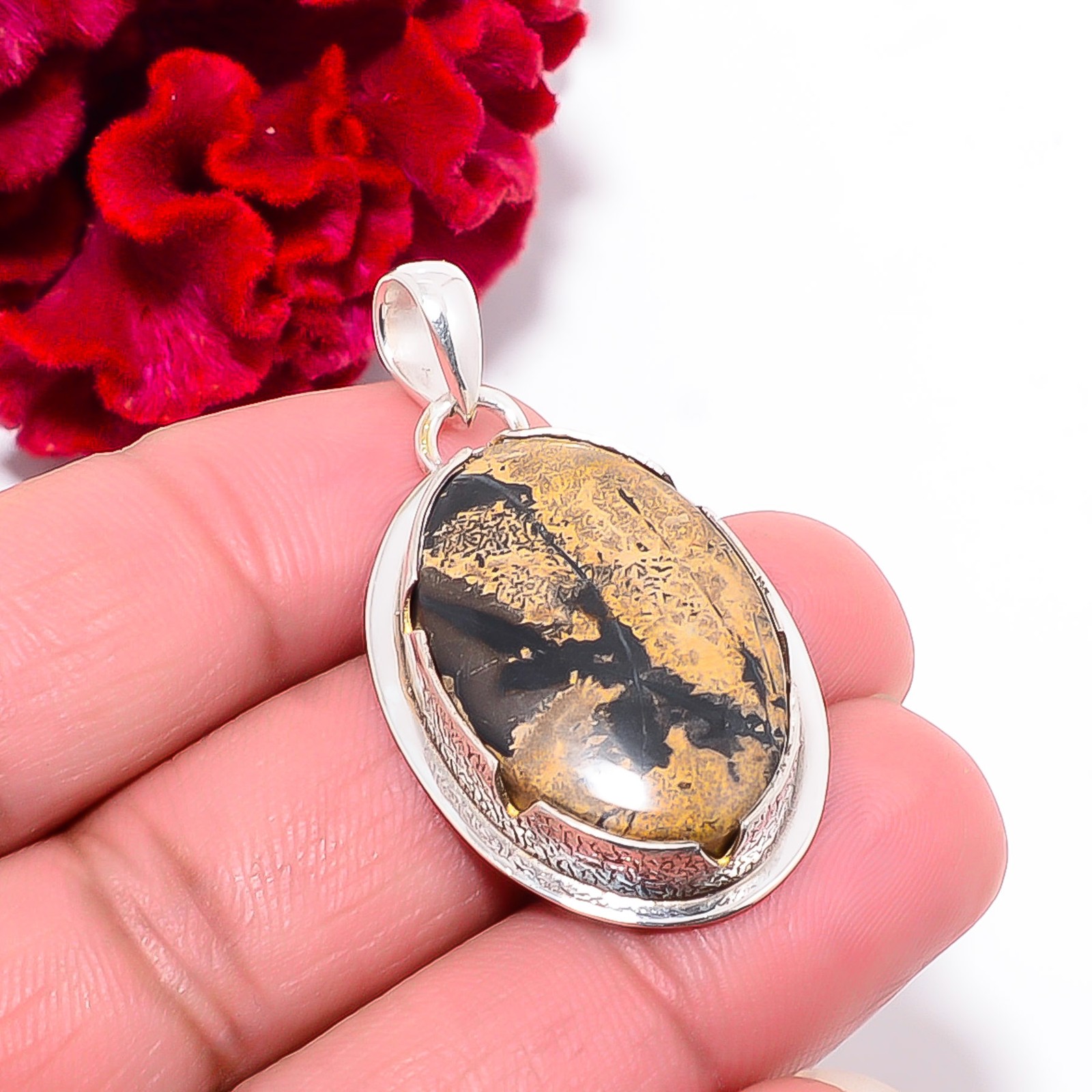 Honey Dendritic Opal – Mexico 925 Sterling Silver Pendant 1.68″ P102050