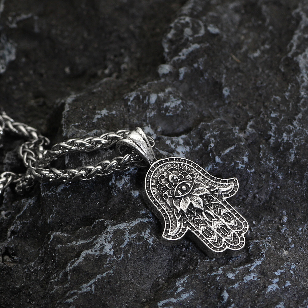 Men Hamsa Hand of Fatima Pendant Necklace Punk Hip Hop Jewelry Braided Chain 24″