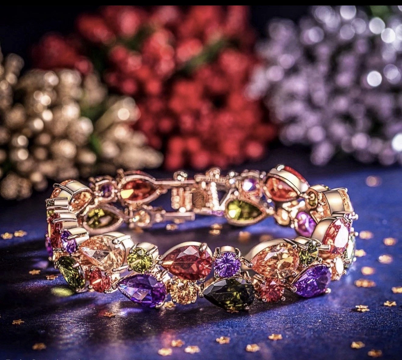 QIANSE 18K Rose Gold Plated Multicolor Lab Grown Stones Link Tennis Bracelet 7in