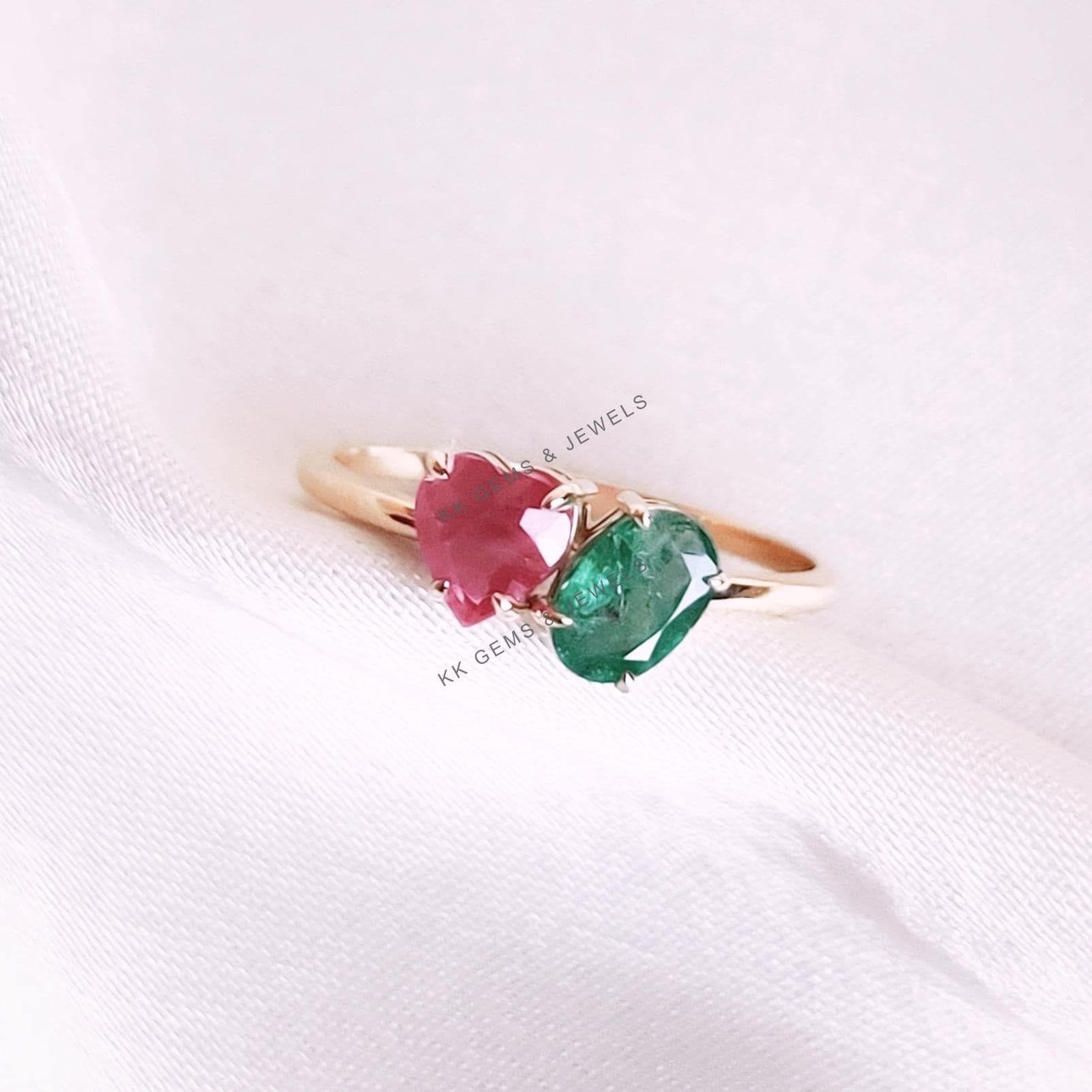 0.96 Ct Natural Emerald Ruby Ring 14K Yellow Gold Minimalist July Birthstone