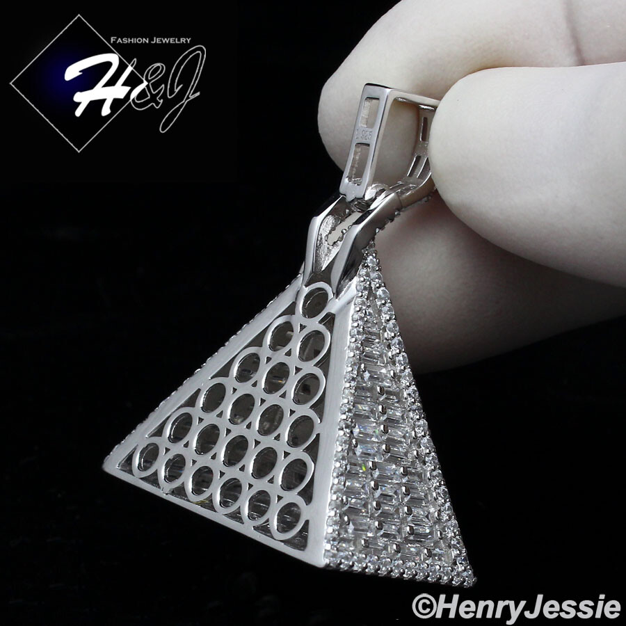 MEN SOLID 925 STERLING SILVER ICY BLING CZ 3D EGYPTIAN PYRAMID PENDANT*SP312