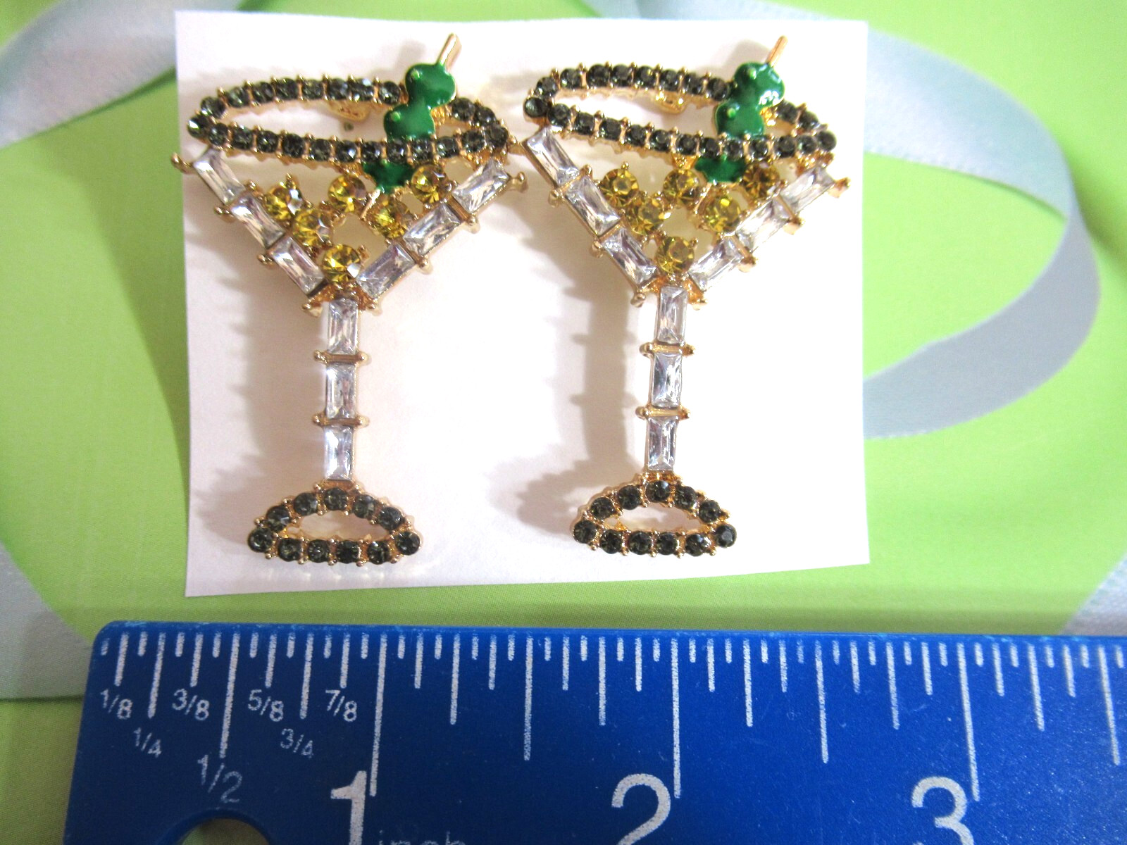 BIG 2.50″ DRY MARTINI COCKTAIL FRUIT COCKTAIL AB RHINESTONE DANGLE EARRINGS