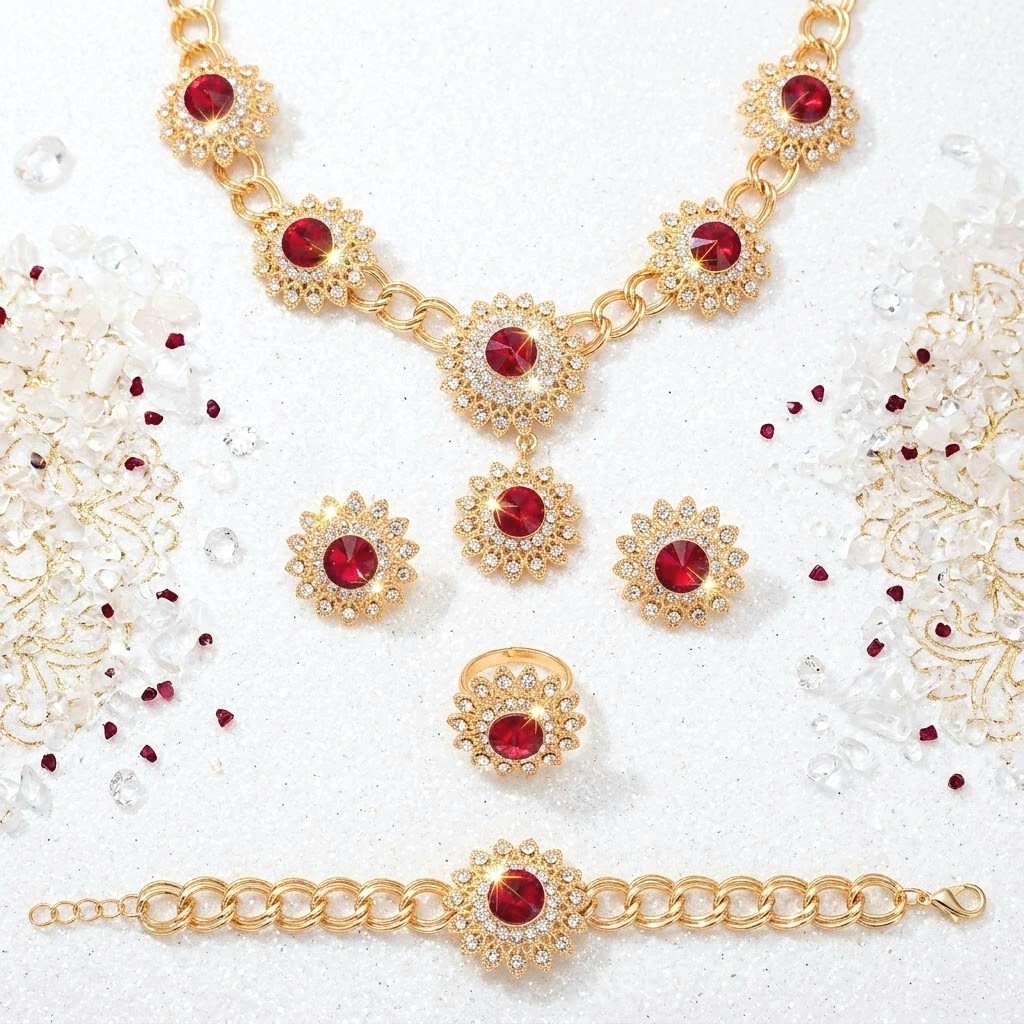 Red And White Crystal Gold Necklace Earrings Bracelet And Ring Set