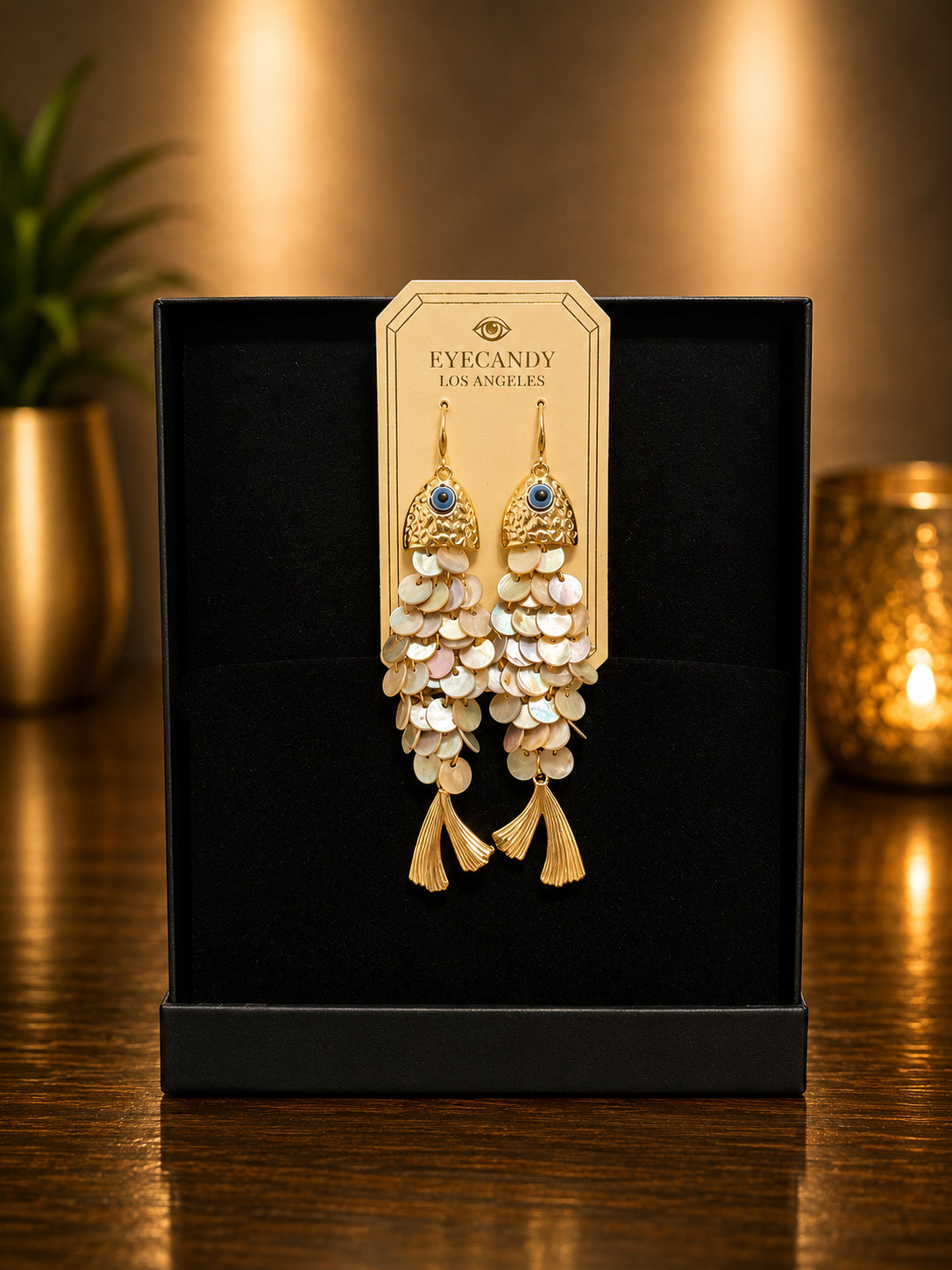 EYECANDY Los Angeles Gold Tone Dangle Fish Earrings with Shell Detail- Brand New