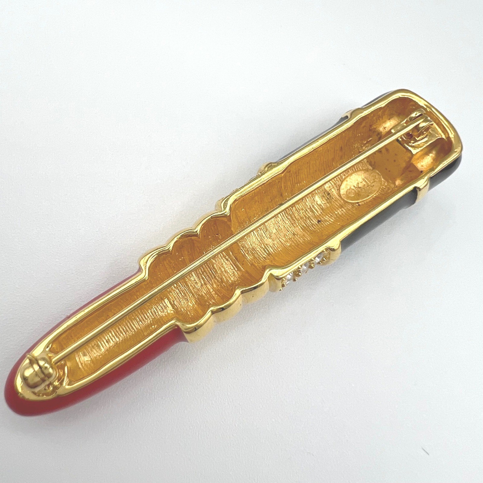 Kenneth Jay Lane KJL Lipstick Brooch Red Black Enamel Rhinestone Gold Tone Pin