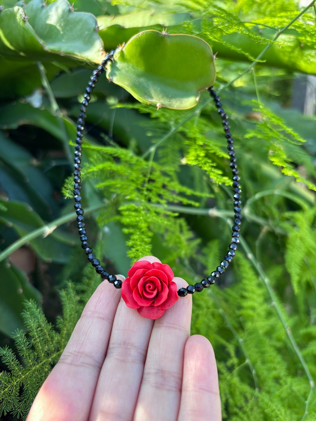 Handmade Black Spinel Faceted Choker Necklace with Large 26mm Red Rose Flower