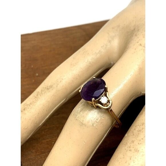 Purple Gemstone Diamond Cocktail Ring 14k Yellow Gold Women’s Estate Size 6.5